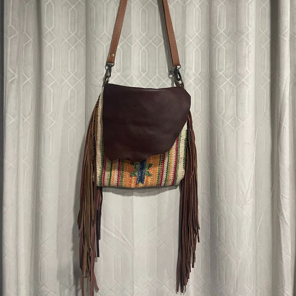Myra Cross Body Bag, Leather, Woven Upcycled Canvas, Fringe, Purse